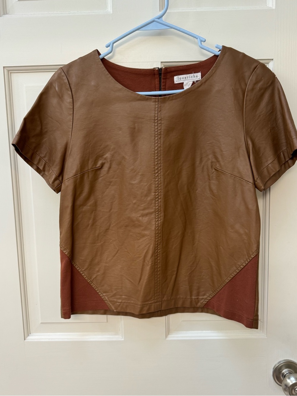 Love Riche Brown Faux Leather Short Sleeve Top with Brown Accents